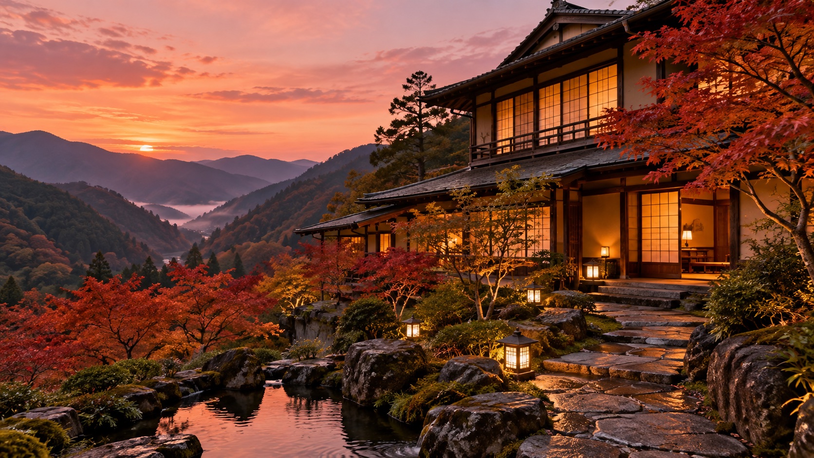 夕暮れの山あいに佇む、灯りのともった旅館のイメージ